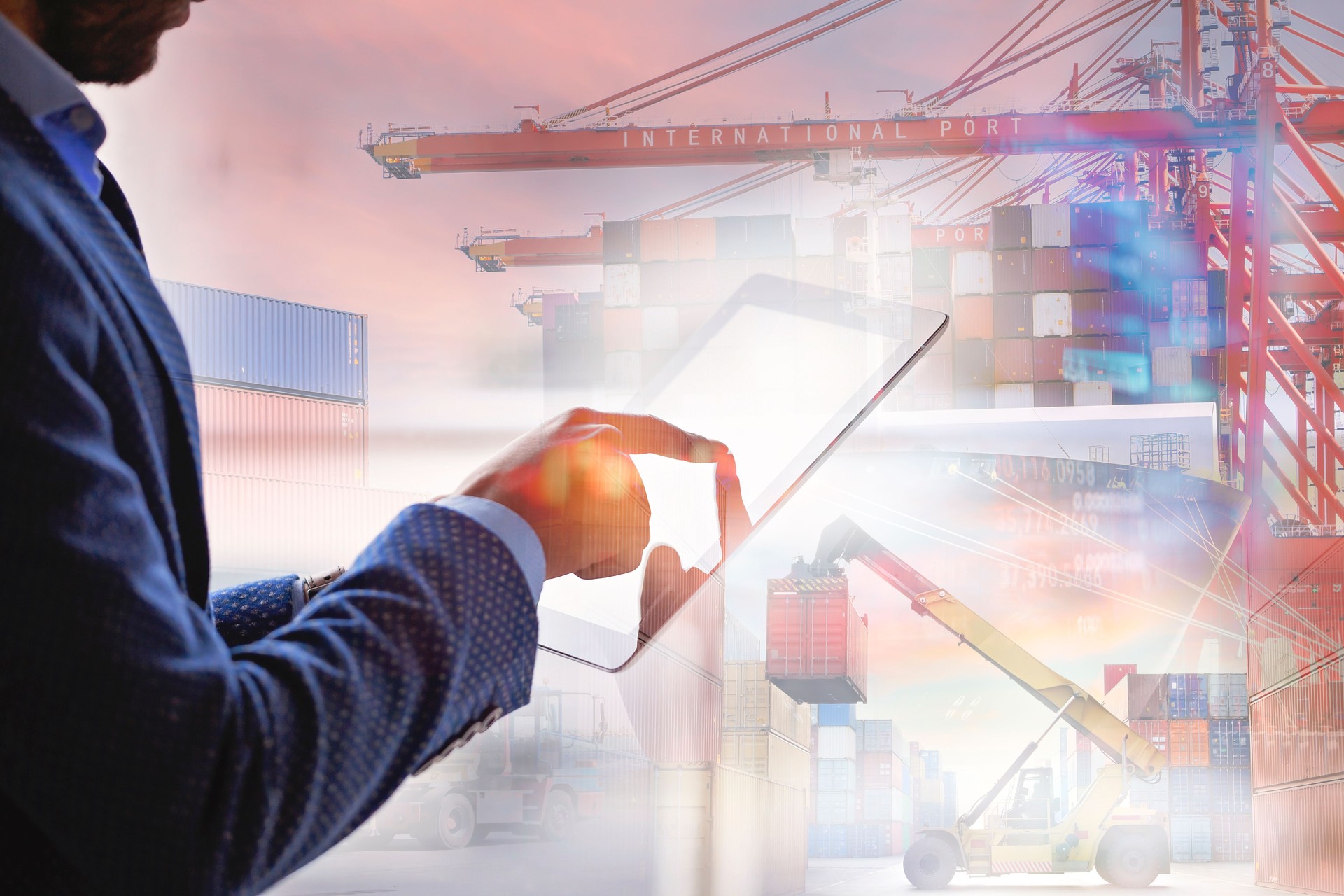 Businessman using tablet. Global Business Network Distribution, Containers Logistics Transport Concept, Double Exposure of Freight Ship, forklift and airplane.